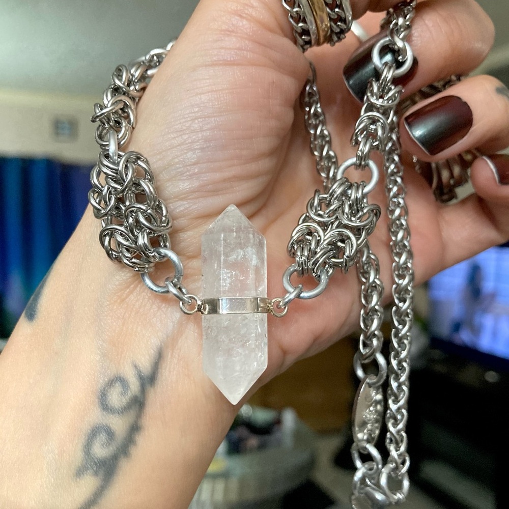 Genuine Double point clear crystal quartz maille silver boho choker necklace . - Picture 10 of 11
